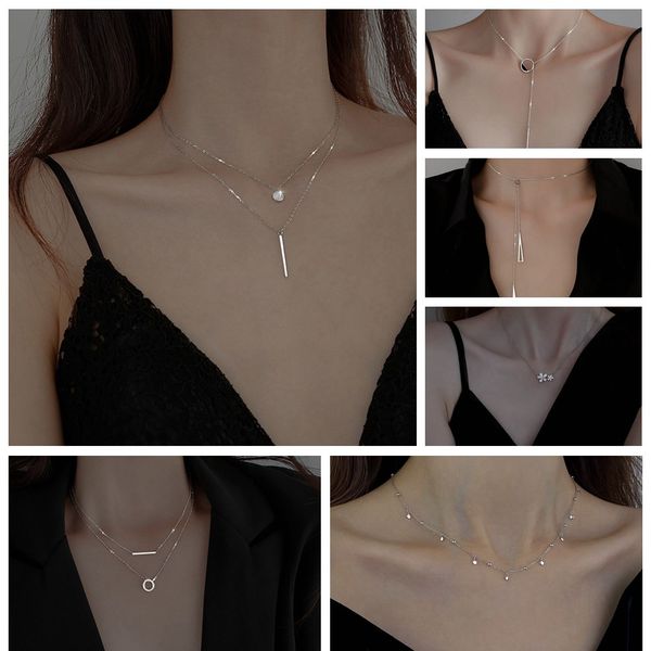 

cooper clavicle chain necklace double-layer zircon unique design for women, Silver