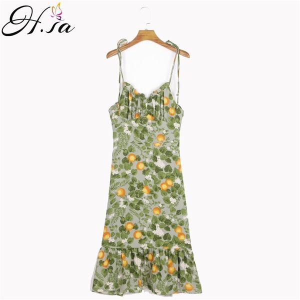 H.SA Frauen Süße V-ausschnitt Agaric Spitze Obst Druck Schlank Sling Strap Kleid Weibliche elastische vestidos chic plissee rüschen kleider 210417