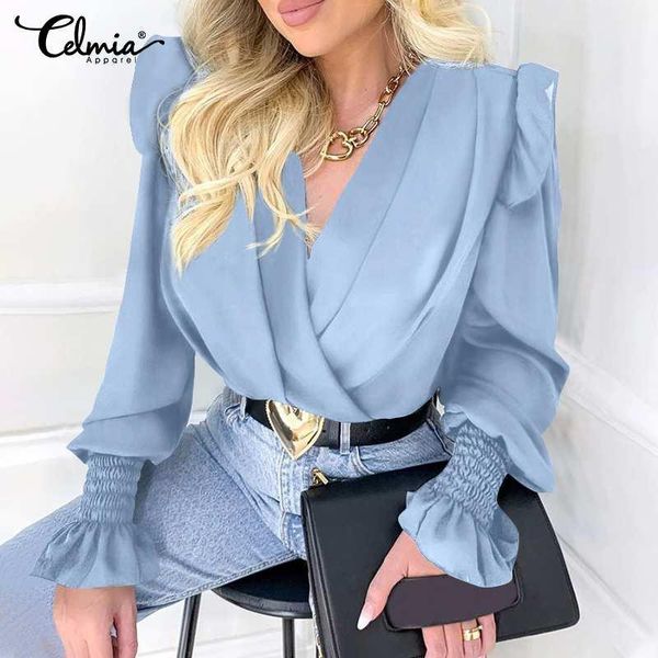 

women's blouses & shirts celmia v-neck ruffled long sleeve wrap elegant office 2021 fashion casual loose pleated work, White