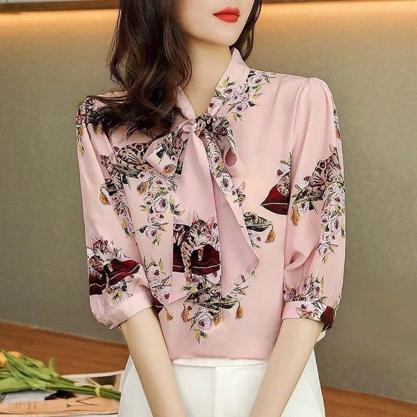 

women's blouses & shirts pink bow shirt summer work imitation silk printed floral office loose short-sleeve women blusas de mujer, White