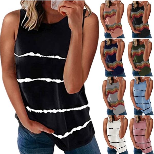 

2021 new spring summer round neck rainbow stripe vest t-shirt blouse, White;black