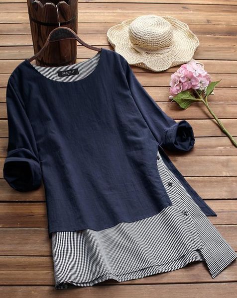 

women's t-shirt fake two piece patchwork long sleeve dress, White