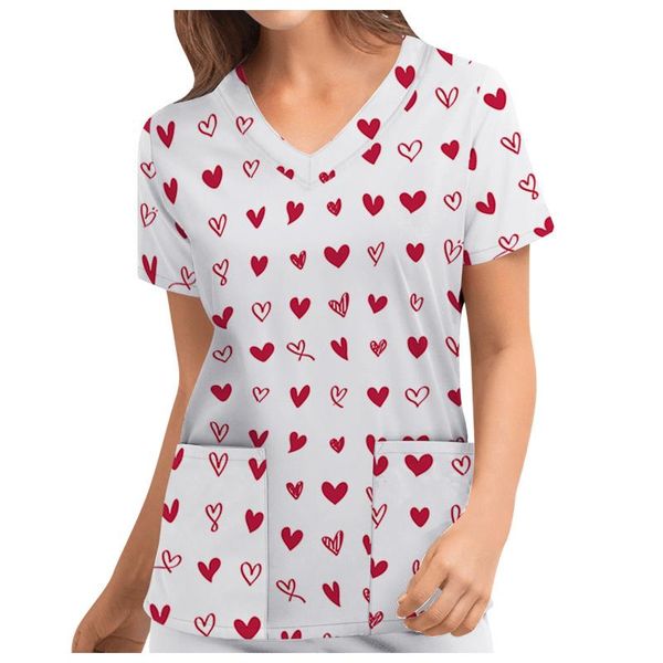 

women's t-shirt cute valentine's day love pocket v-neck short sleeve loose nursing clothing health workers workwear 2021, White