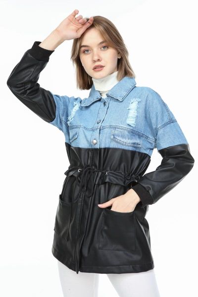 

women's jackets manga blue leather garnish denim jacket, Black;brown