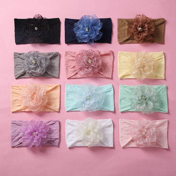 

girls hair accessories baby headbands kids head bands children flower nylon soft headscarf hairband princess headband b7037, Slivery;white