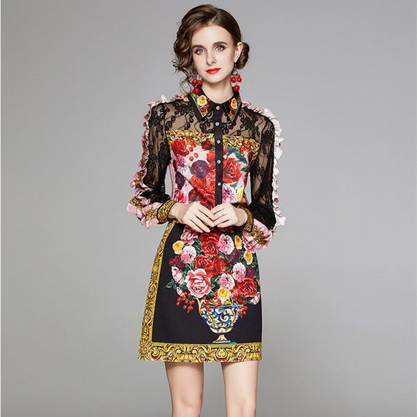 

runway autumn flower skirts 2 two pieces sets women's chic lace patchwork ruffles long sleeve shirt and short skirts suits, Black;gray