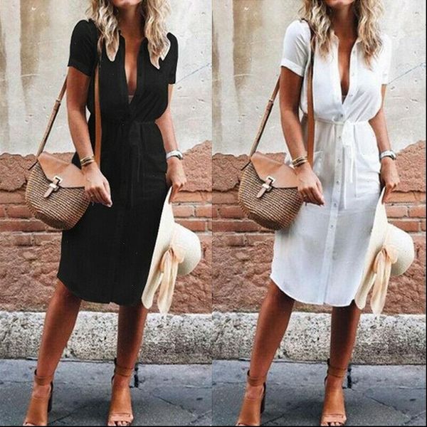 

fashion women dresses lady short sleeve v neck summer casual loose long buttons shirt tea dress plus size s, Black;gray