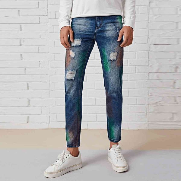 

Men's Fashion Street Photo Color Holes Four Seasons Long Jeans, Blue