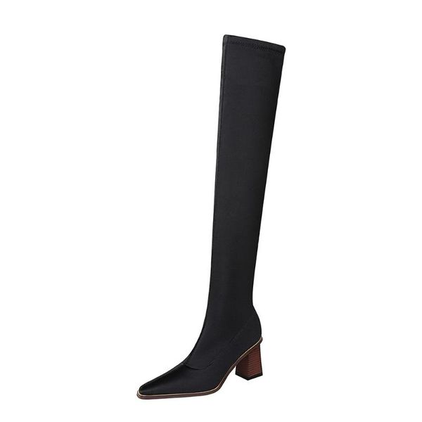 

boots female shoes women nightclub slim boot square heels wood grain thick heel high-heeled stretch over knee, Black