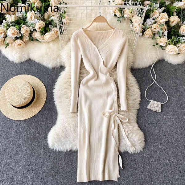 

nomikuma sweater dress korean bow tie slim stretch bodycorn split dresses sprign korean v-neck long sleeve vestidos 6e824 210427, Black;gray