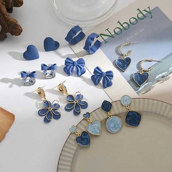 

stud ladies accessories2021 trendy literary retro haze blue women's earrings simple metal flower heart-shaped bowknot all-match, Golden;silver