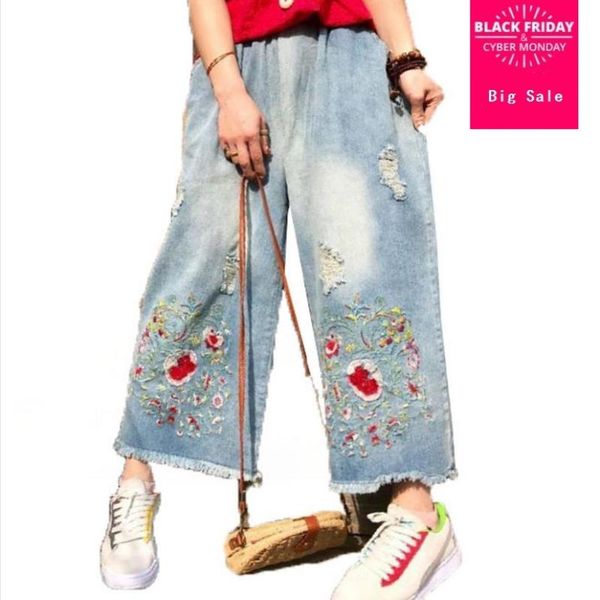 

women's jeans holes denim print embroidery ankle-length pants female 2021 summer literature and art retro casual loose cowboy l468, Blue