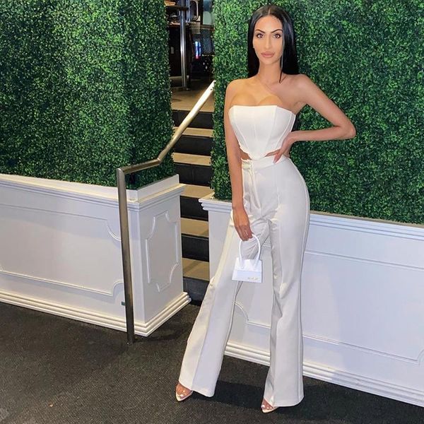 

women's two piece pants elegant flars set women boning bustier high waist long summer party wear crop suits, White