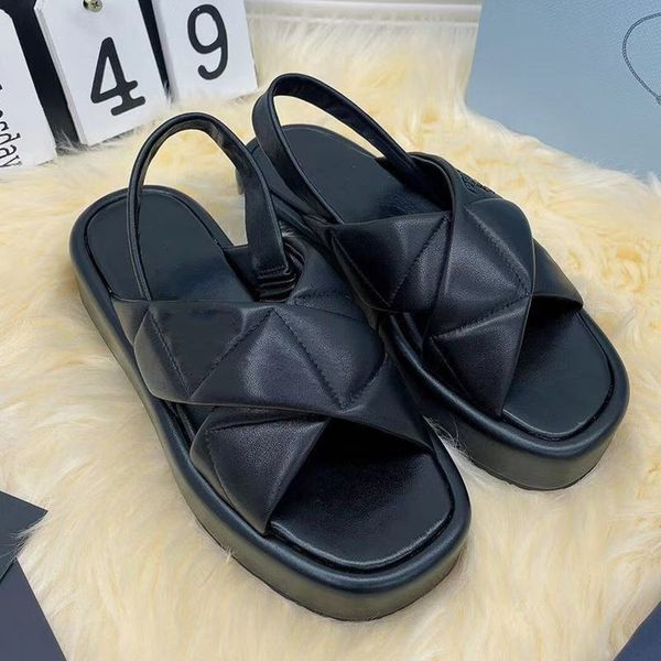 

official website 70% off outlet solid summer luxury brand designer laides thick bottom back strap genuine leather sandals casual beach flat, Black