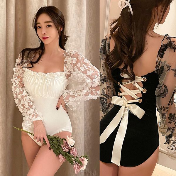 

piece court sleeve swimsuit, fairies, one lace, long bikini, flower bandage bikini, White;black