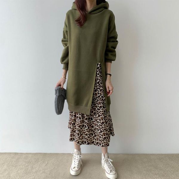 

casual dresses hooded dress women chic fake two pieces fashion vintage long sleeves autumn winter leopard patchwork office lady female, Black;gray