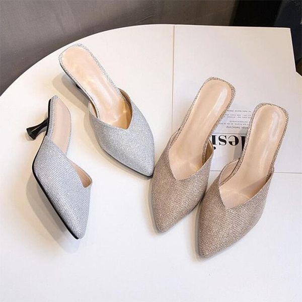 

slippers women summer square heel med shoes luxury slides cover toe loafers low pantofle block designer pointed 2021 pu fabric, Black