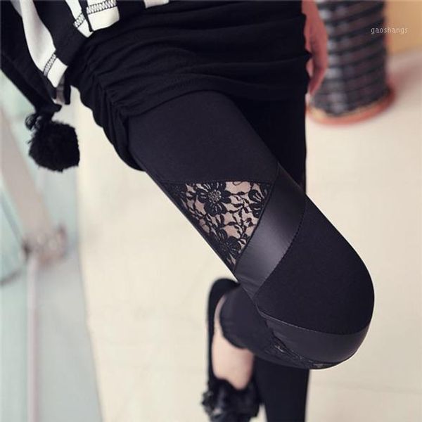 

wholesale- charming warm lace leggings skinny stretch pants for winter triangular pu leather bz8519651, Black