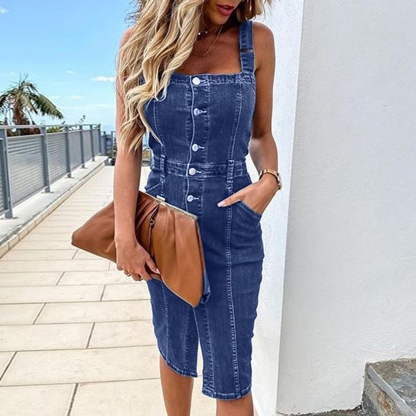 

casual dresses dress women vintage multi-button denim sleeveless slim fit for vestidos beachwear, Black;gray