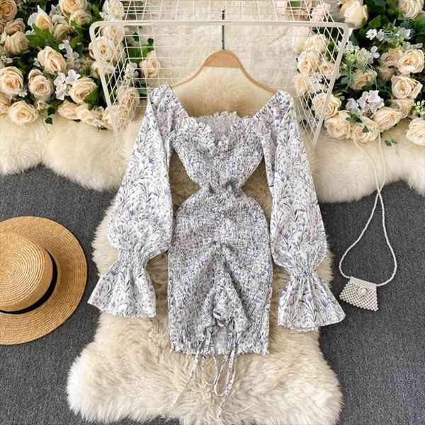

spring autumn temperament fashion womens dress short trumpet sleeves square neck tight fitting hip floral uk916, Black;gray