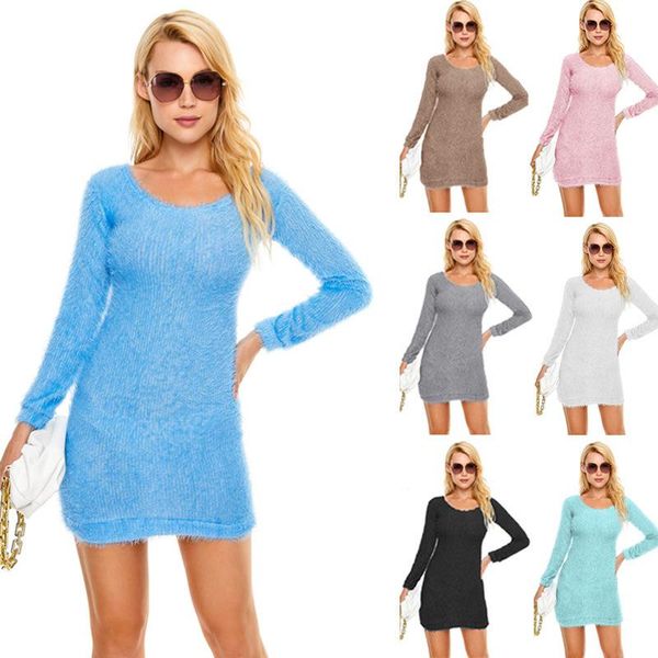 

casual dresses winter plush warm sweater dress women's long sleeve o-neck party miniskirt bandage women, Black;gray