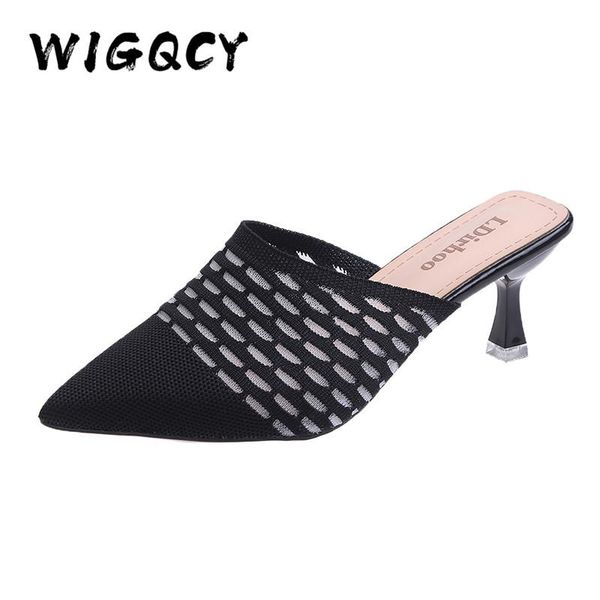 

slippers knit women shoes pointed woven high heels fashion stilettos mules loafer casual feminine sandalias, Black