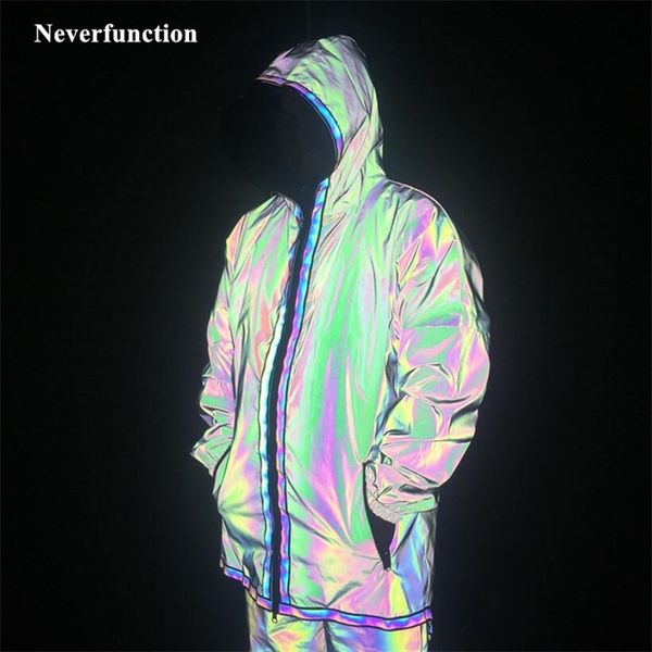 

men autumn night colorful full reflective hooded jacket long section curved hem hip hop loose windbreaker waterproof coats 211217, Black;brown