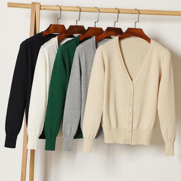 

women's knits & tees v-neck cardigan women 2021 solid color knit sweater coat spring autumn casual femme plus size clothing, White