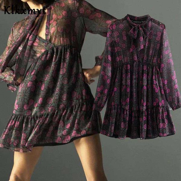 

klkxmyt za dress women fashion print bow collar mini vintage long sleeve with lining female es vestidos mujer 210527, Black;gray