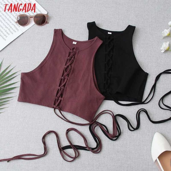 

tangada women solid lace up crop tank sleeveless backless female hollow out qj145 210609, White