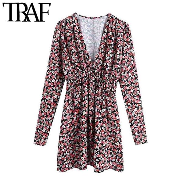 

women chic fashion floral print pleated mini dress vintage long sleeve elastic waist female dresses vestidos mujer 210507, Black;gray