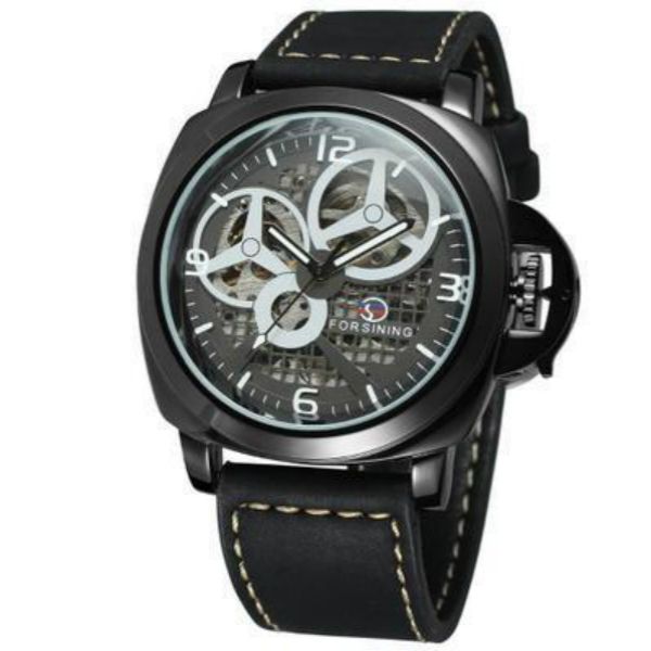 

forsining fashion wrist watch leisure lattice hollow dial fully automatic buckle simple eye square imitation leather protection mechanical, Slivery;brown