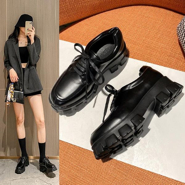 

boots women's shoes small leather fall 2021 lace-up british style black platform loafers single for women