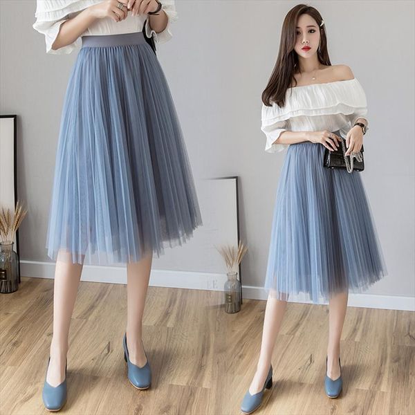 

korean pleated summer casual elastic women skirt high waist mesh tulle solid a line tutu, Black