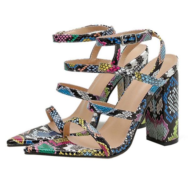 

summer fashion women colorful snake striped thick heel sandals europe america rome open toe high heels woman shoes, Black