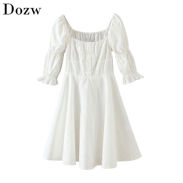 

elegant a line mini dress women fashion puff sleeve buttons solid cotton dress ladies square collar chic white dresses 210414, Black;gray