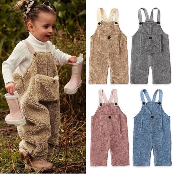 

jumpsuits winter girls' cotton blended lassie warm big pocket plush fleece bib overalls solid flannel suspender for, Blue
