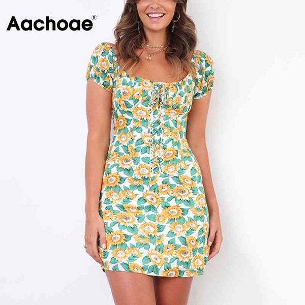 

summer women dresses floral print drawstring short sleeve vintage mini dress square collar chic ladies sundress 210413, Black;gray