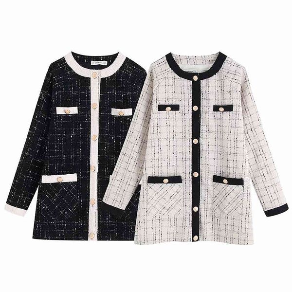 

women fashion plaid black cl long jacket autumn female chic contrast color single breasted streetwear outwear femme 210421, Black;brown