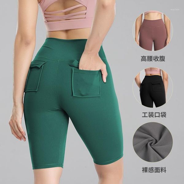 

gym jogging running shorts yoga cargo pocket women high waist lifting push up tight sports fitness short pants outfit