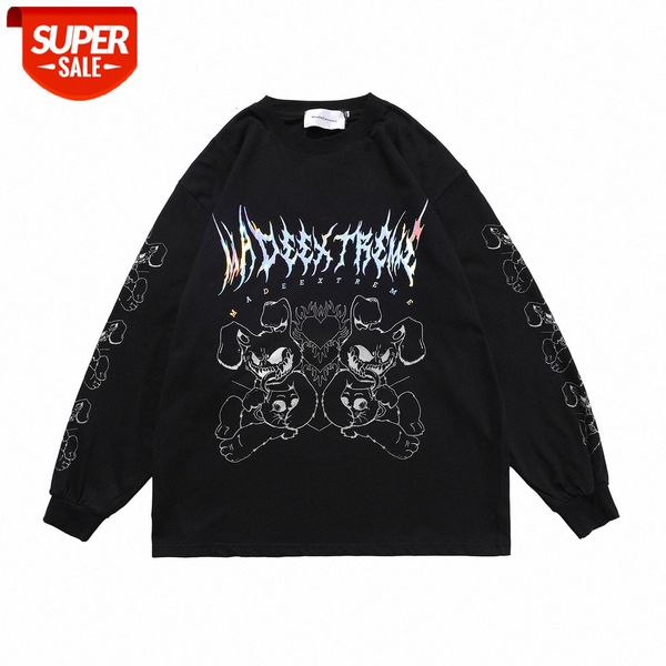 

lawfoo men's clothing dark zombie rabbit laser print loose long-sleeved t-shirt #ob0m, White;black