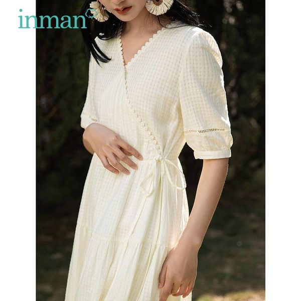 

party dresses inman cute pastoral style dress women lady plaid tie up wasit lace border v collar short lantern hollow out sleeve artsy, White;black