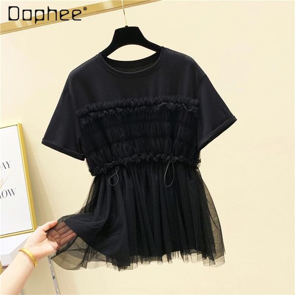 

summer korean short sleeve mesh stitching pleated drawstring waist-tight t-shirt for women trendy half tide women's, White