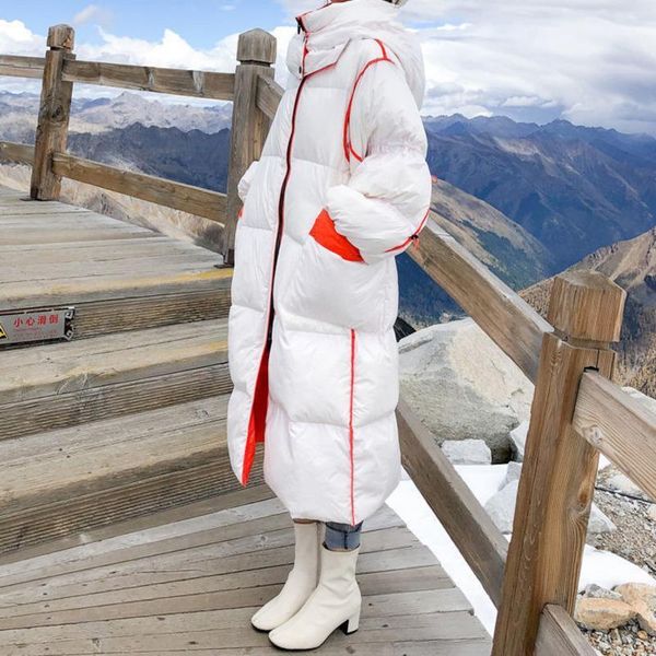 

women's down & parkas bright face loose hooded jacket medium and long white duck over knee korean thickened stripe color contrast parke, Black