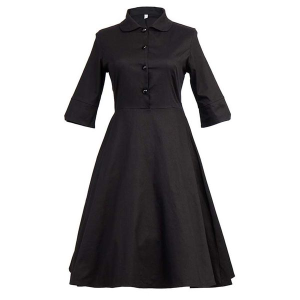 

costumes women's summer skirt solid hepburn short sleeve swing dress, Black