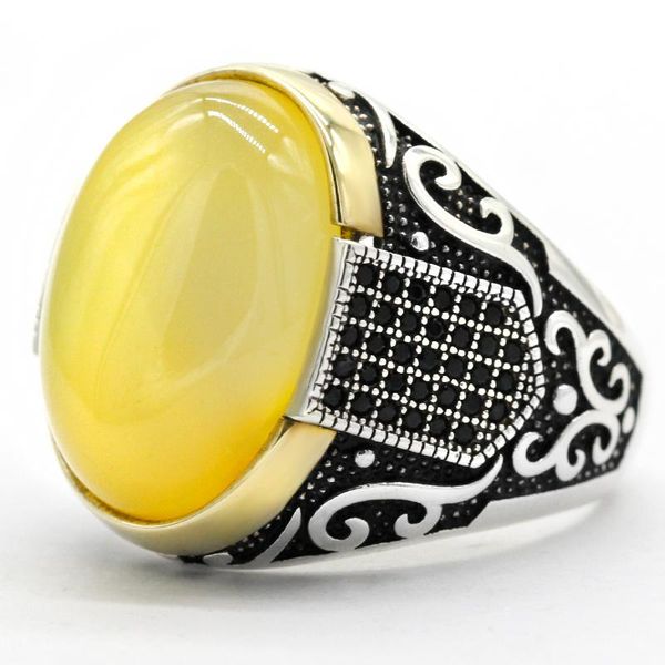 

cluster rings natural yellow agate ring for men 925 sterling silver vintage carved design with black cz punk rock male turkish jewelry, Golden;silver