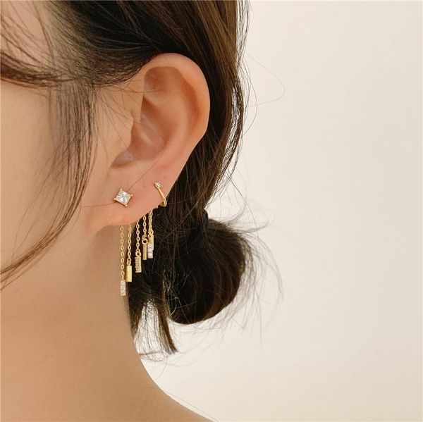 

dangle & chandelier south korea's design fashion jewelry copper inlaid zircon ear bone clip chain tassel female earrings, Silver