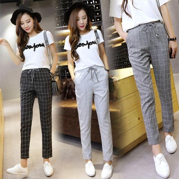 

spring summer harem elastic waist women pant plaid casual loose fashion ankle length straight vintage trousers, Black;white
