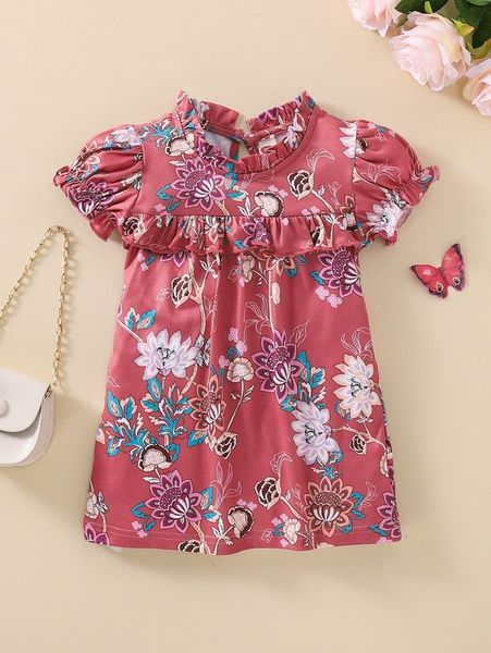 

baby floral print frill trim dress she, Red;yellow