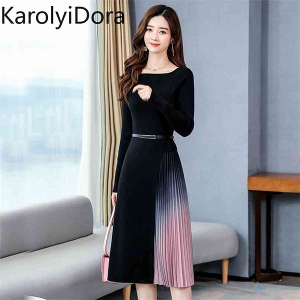 

elegant long-sleeved slim knitted patchwork gradient color pleated sweater dress autumn women office midi with belt 210520, Black;gray